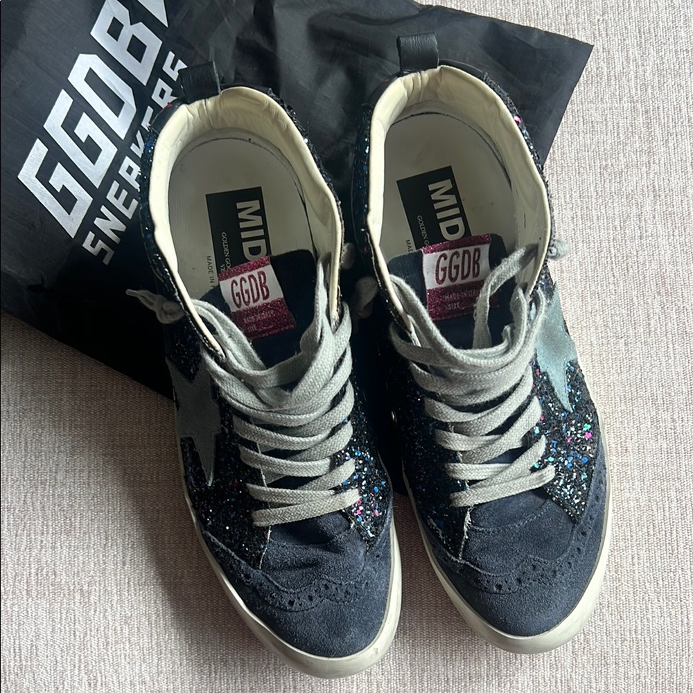 Women's Glitter Golden Goose Midstar Sneakers - Blue and Silver